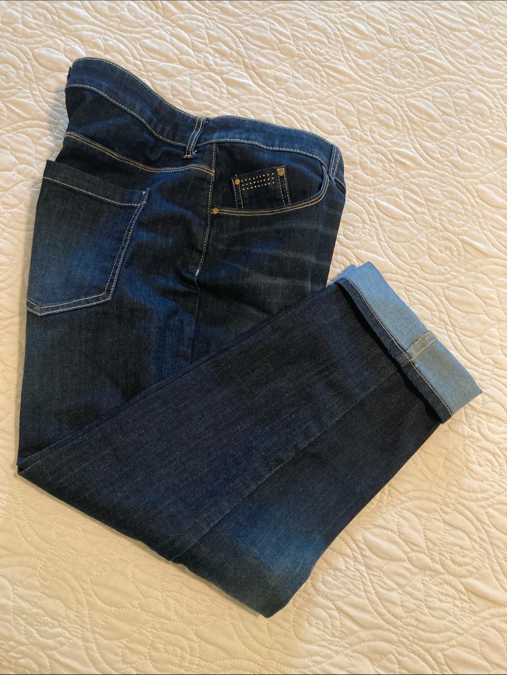 Chico's Platinum Size 2 US Size 12 petite Dark Indigo Cropped Jeans Cuffed Hem